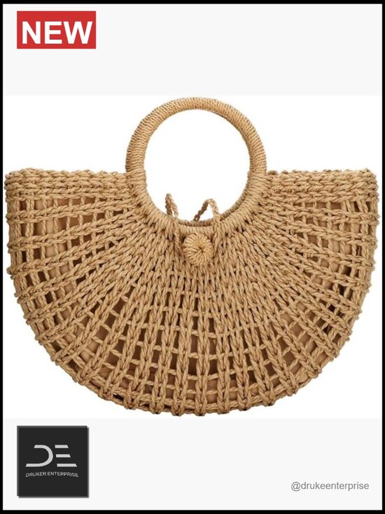 Tusihei Handmade Rattan Tote Bag, Resuable Straw Bag with  Hand-woven Straw Top-handle Bag with Round Ring Handle Summer Beach Rattan Tote